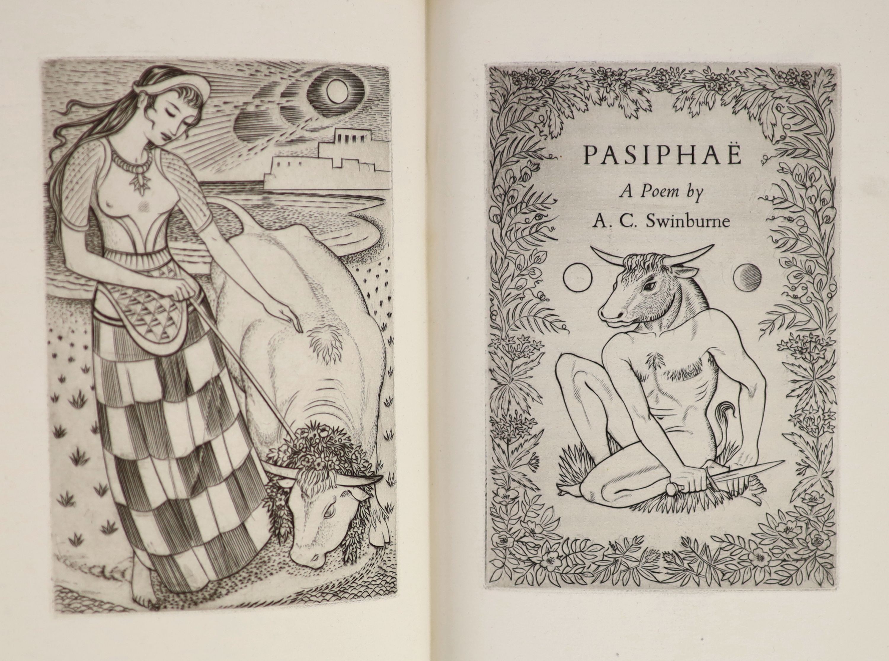Golden Cockerel Press - Waltham Saint Lawrence, Berkshire - Swinburne, Algernon Charles - Pasiphae, one of 400, with 6 engravings by John Buckland Wright, 1950 and Walters, Eurof - The Serpent’s Presence, one of 290, wit